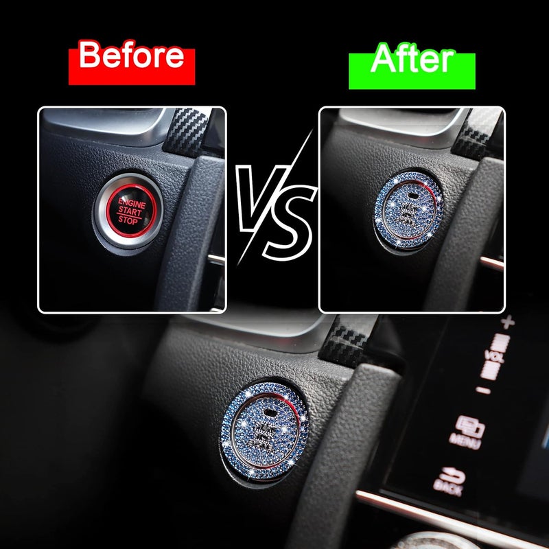 TOMALL غطاء زر بدء تشغيل محرك السيارة بتصميم ماسي كريستالي لامع ملصق حلقة بدء التشغيل ملحقات لامعة زر الإشعال شعار زينة عالمي (أزرق) - Image 3